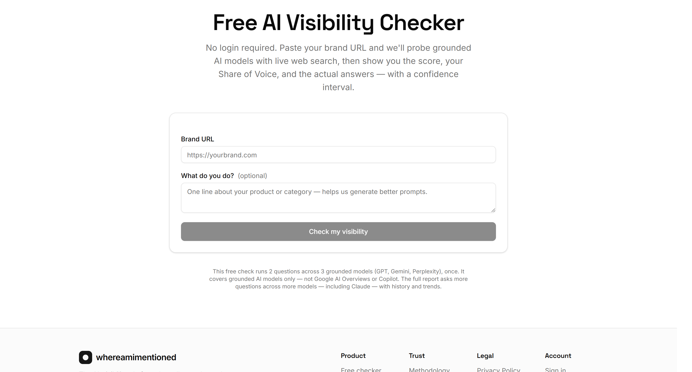 The free AI visibility checker: a single URL field, with a note that the check runs two questions across three grounded models.