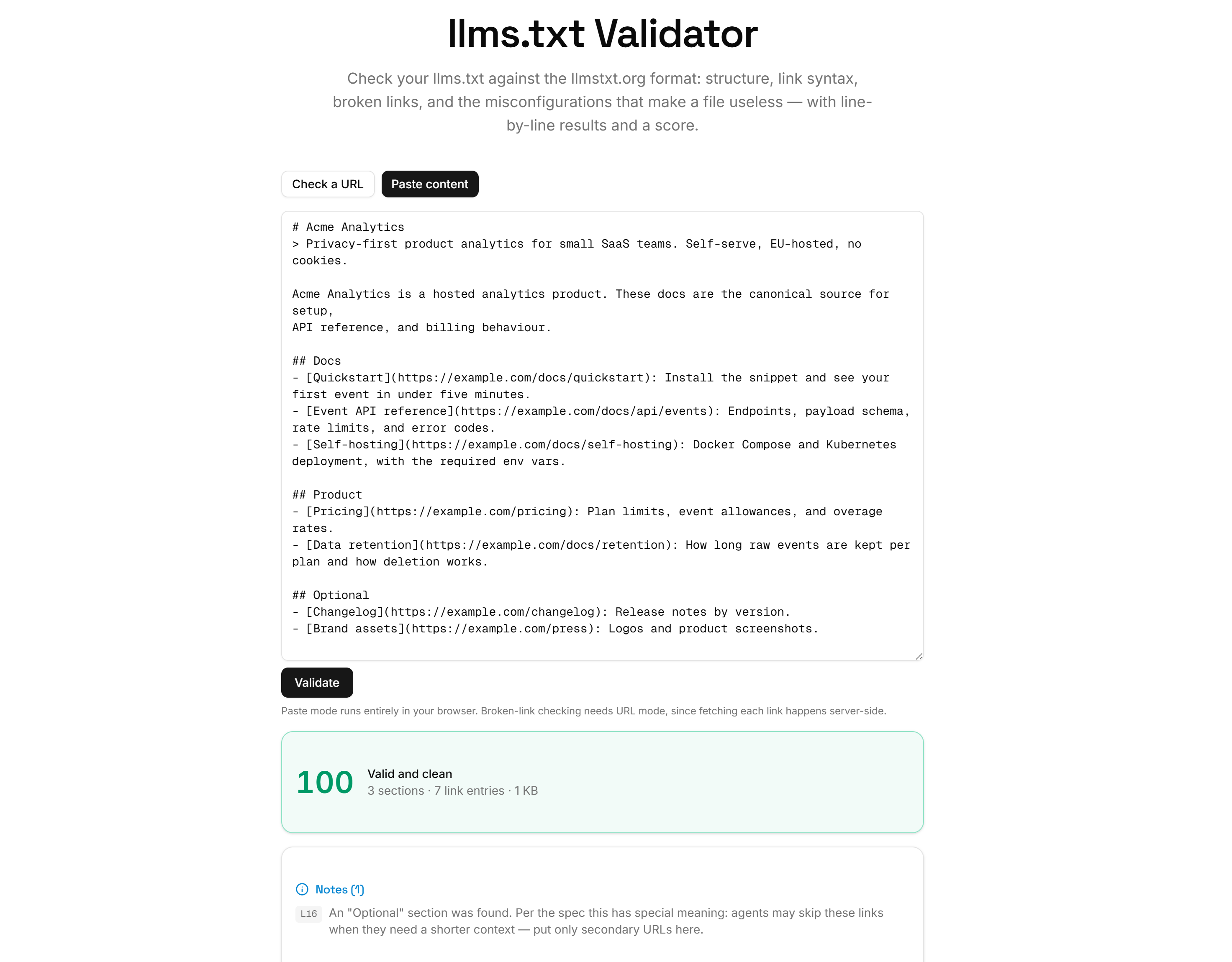 The free llms.txt validator scoring a pasted file 100 (valid and clean, three sections, seven link entries, 1 KB) with a note explaining what the Optional section means to an agent.