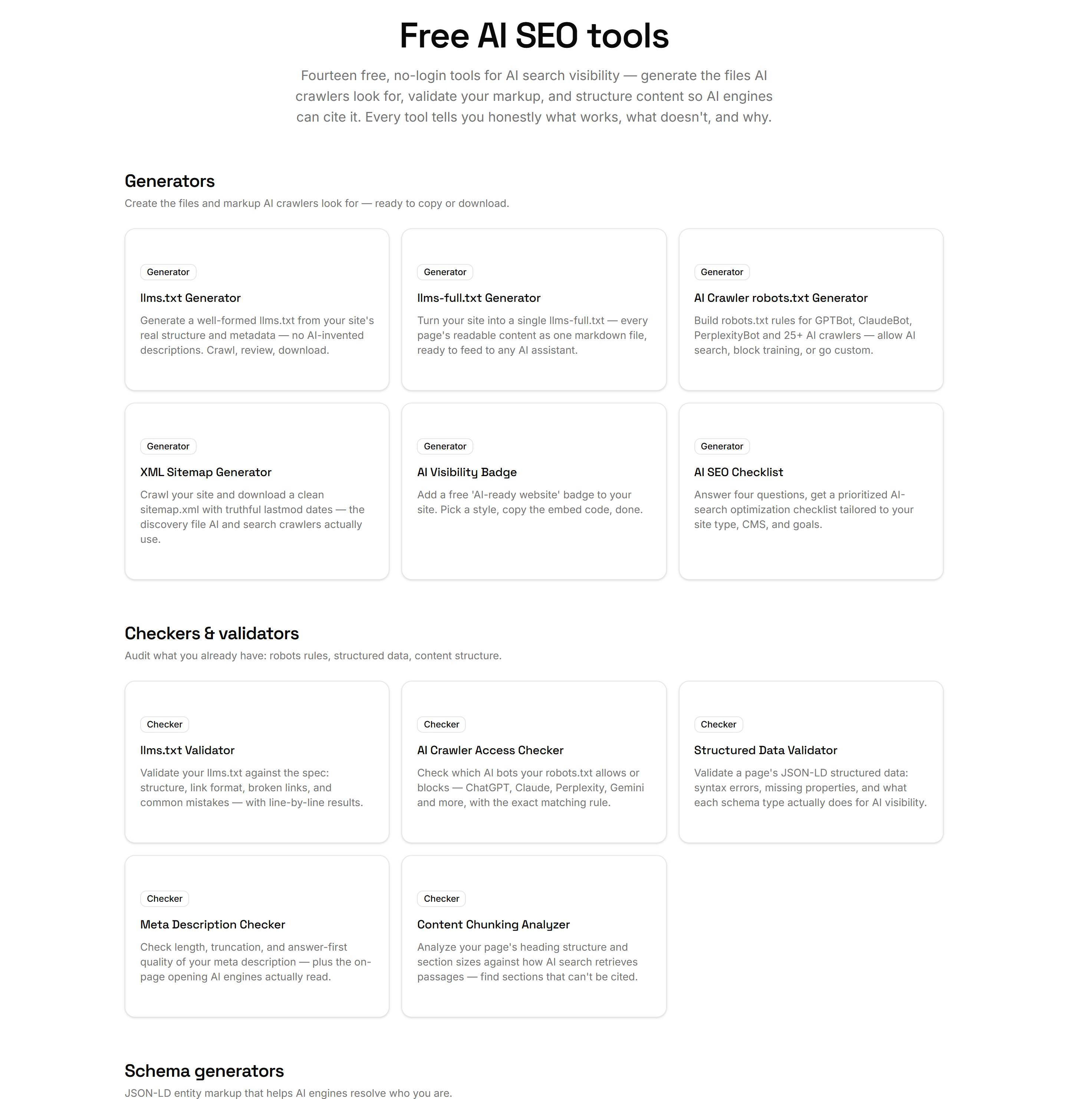 The free tools hub showing fourteen rule-based AI-SEO tools grouped as generators, checkers and schema builders.
